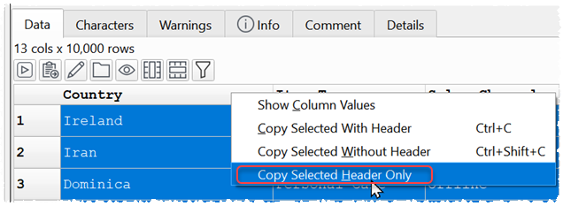 copy selected header only