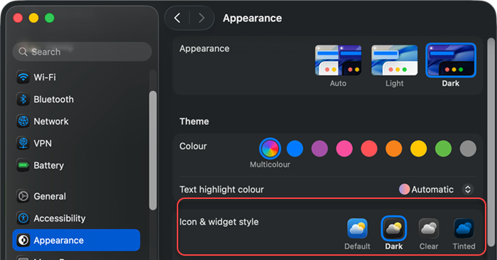 Choose liquid glass icon style in System Preferences