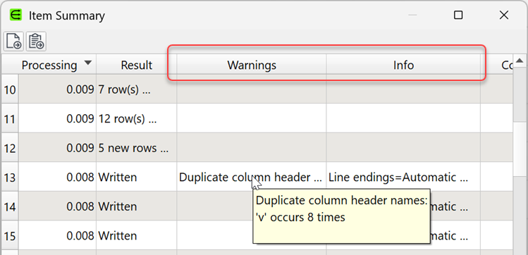 Item summary Warnings and Info columns