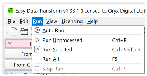 Run processing menu