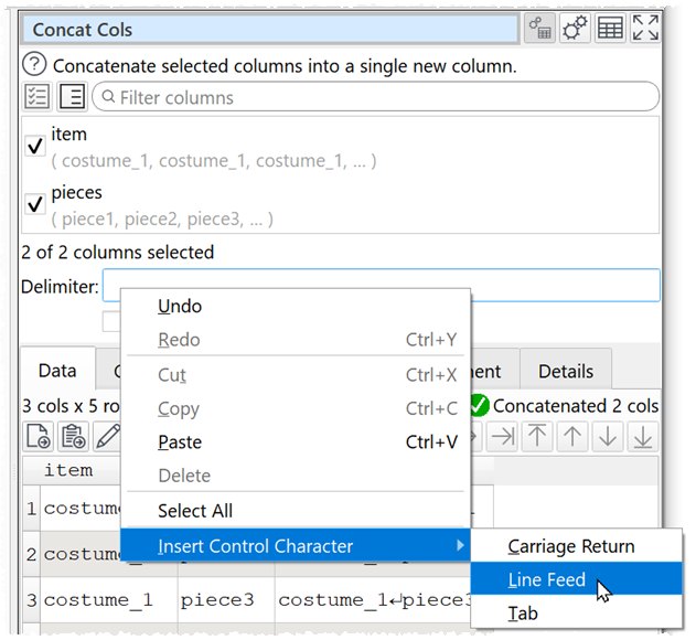 Insert control characters.