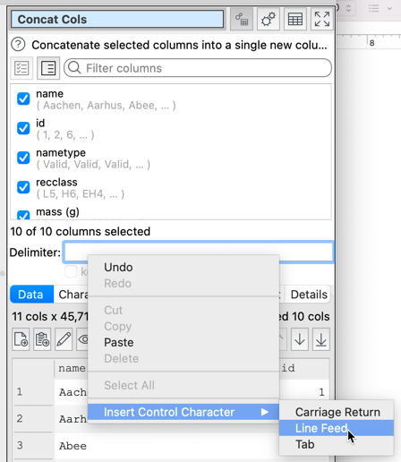 Insert control characters.