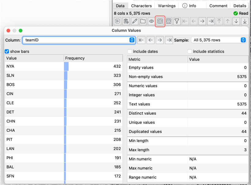 show column value frequencies