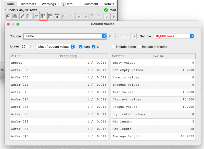 show column value frequencies profile