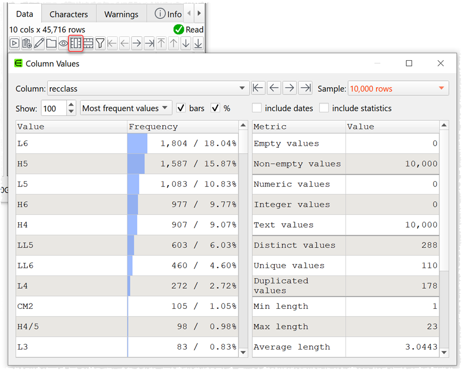 show column value frequencies profile