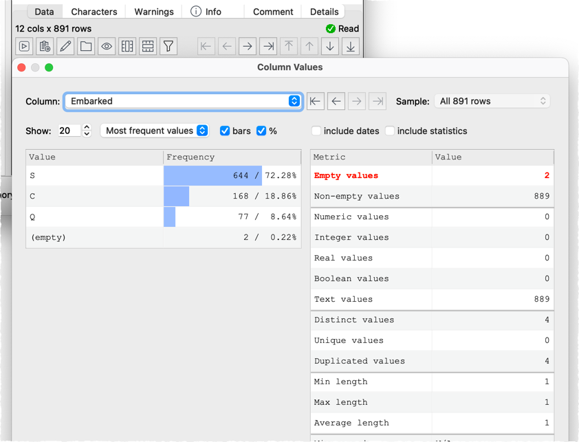 show column value frequencies profile