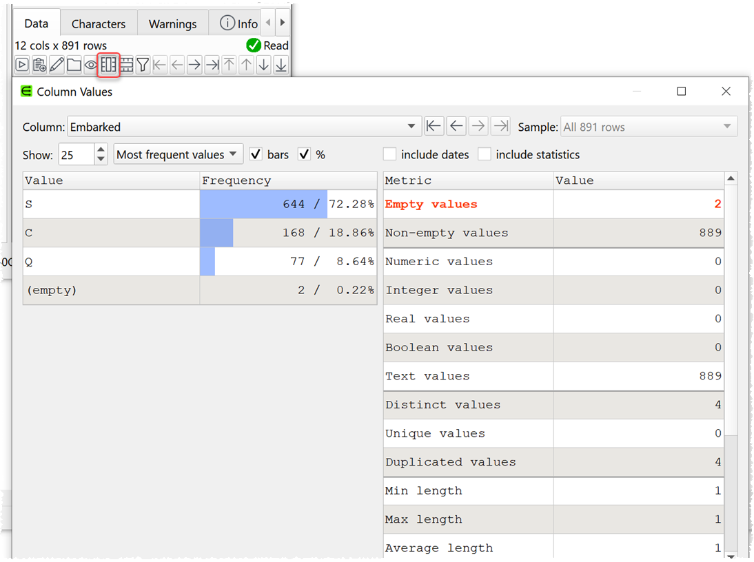 show column value frequencies profile