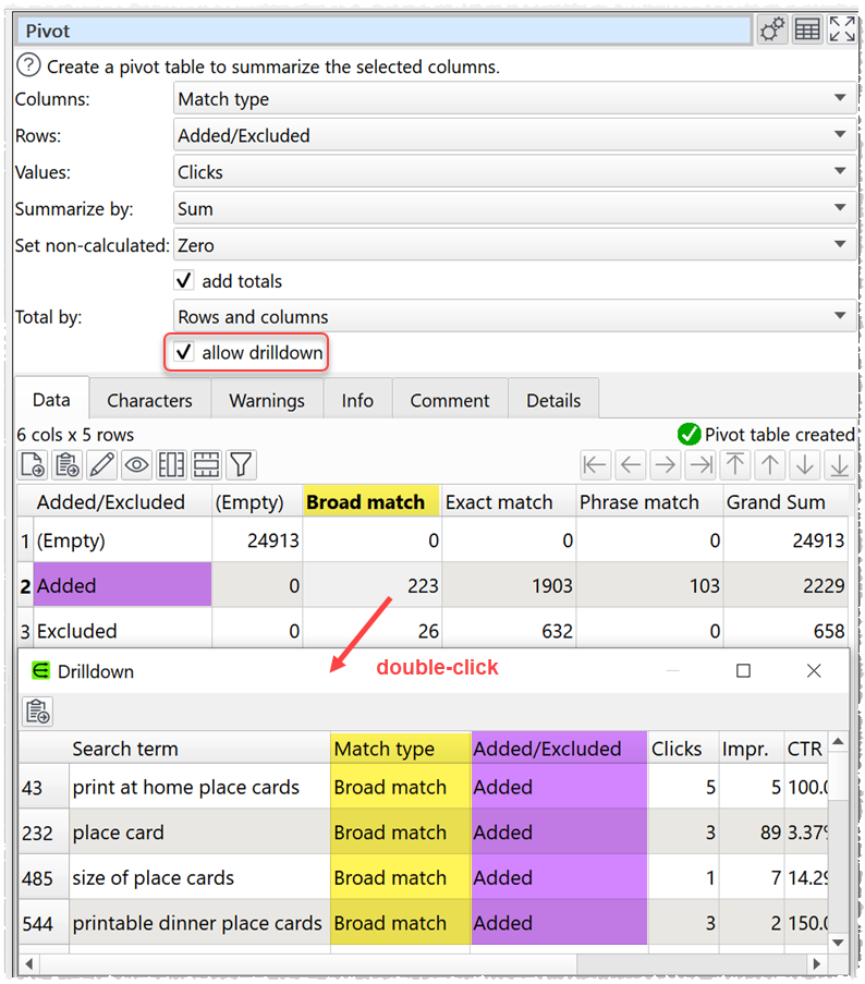 Drilldown into pivot table