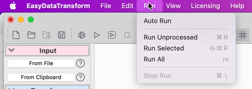 Run processing menu Run processing menu