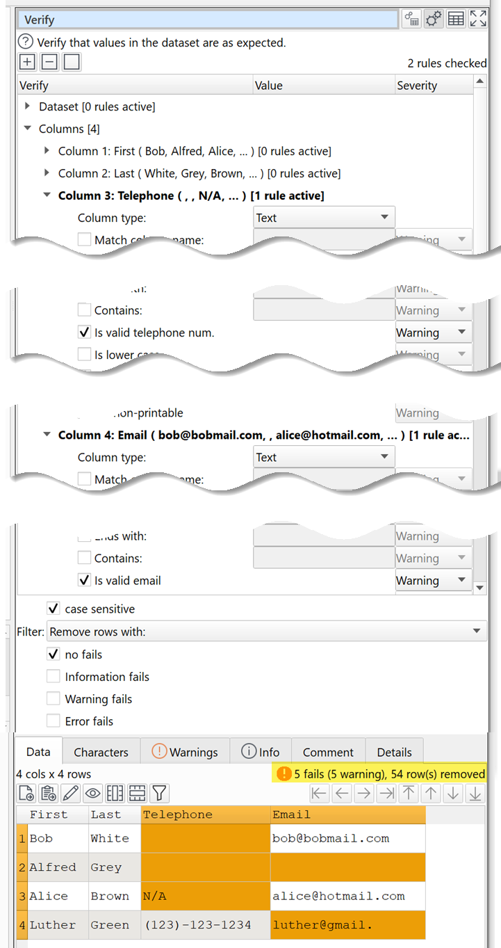 Check for invalid telephone numbers or email addresses