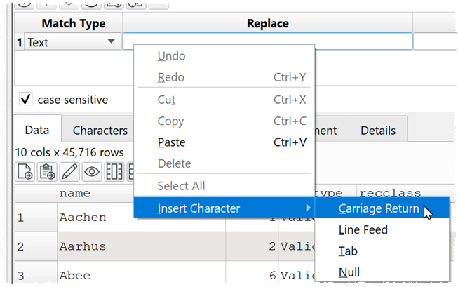 Insert control characters.