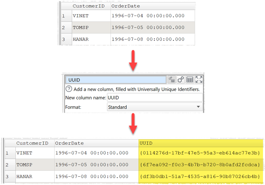 Add a column of UUIDs / GUIDs. Add a column of UUIDs / GUIDs.