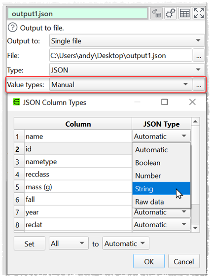 Ouput JSON types
