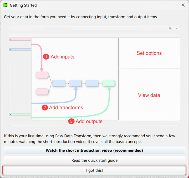 Getting started window