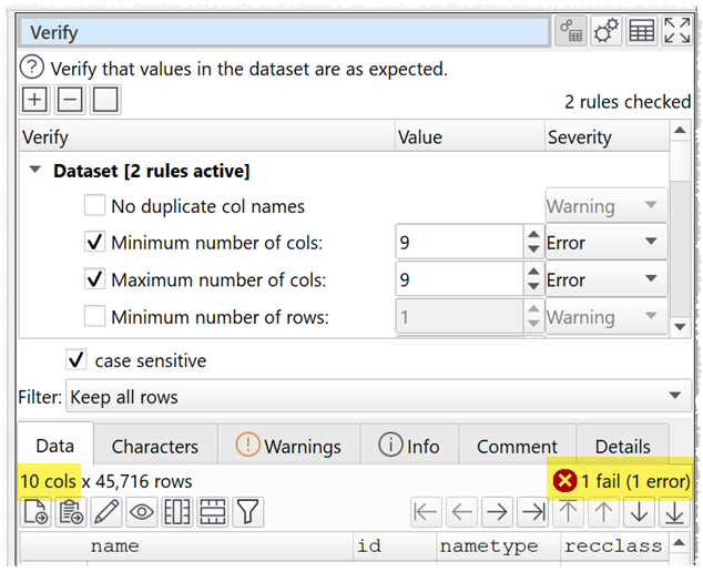 Verify number of columns