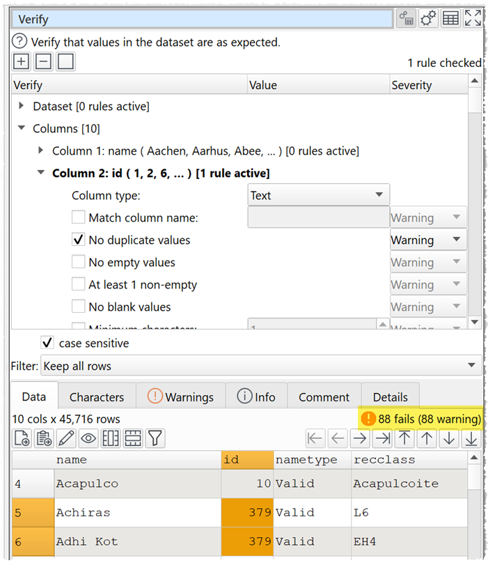 Show a warning message for any duplicate values in the 'id' column